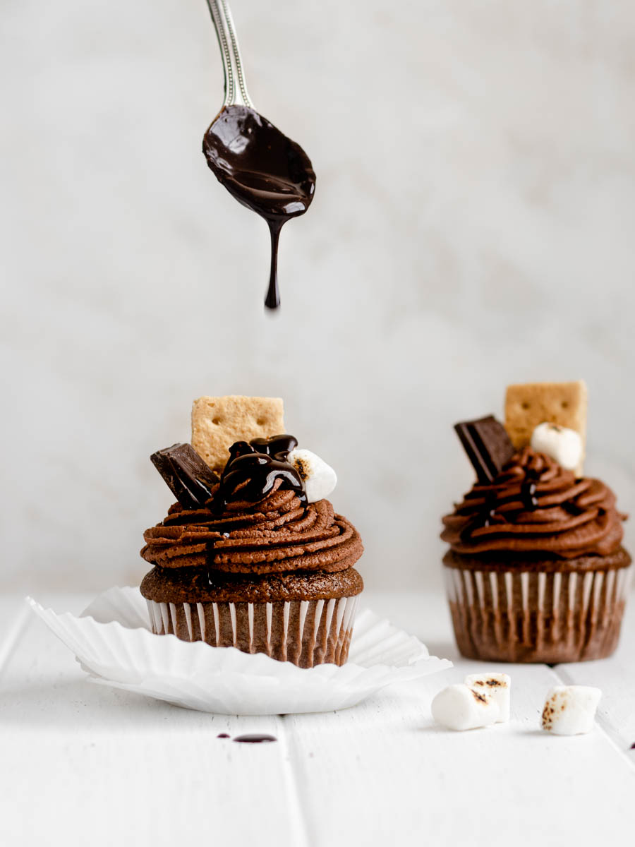 Minimalist food photography techniques were used to style this Smore's Chocolate Cupcake shot.